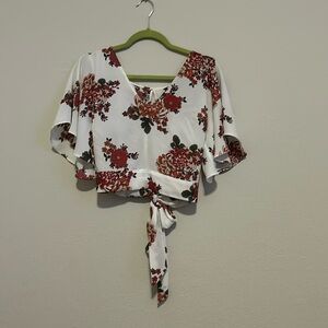 Express Floral Print Bell Sleeve Open Tie Back Crop Top